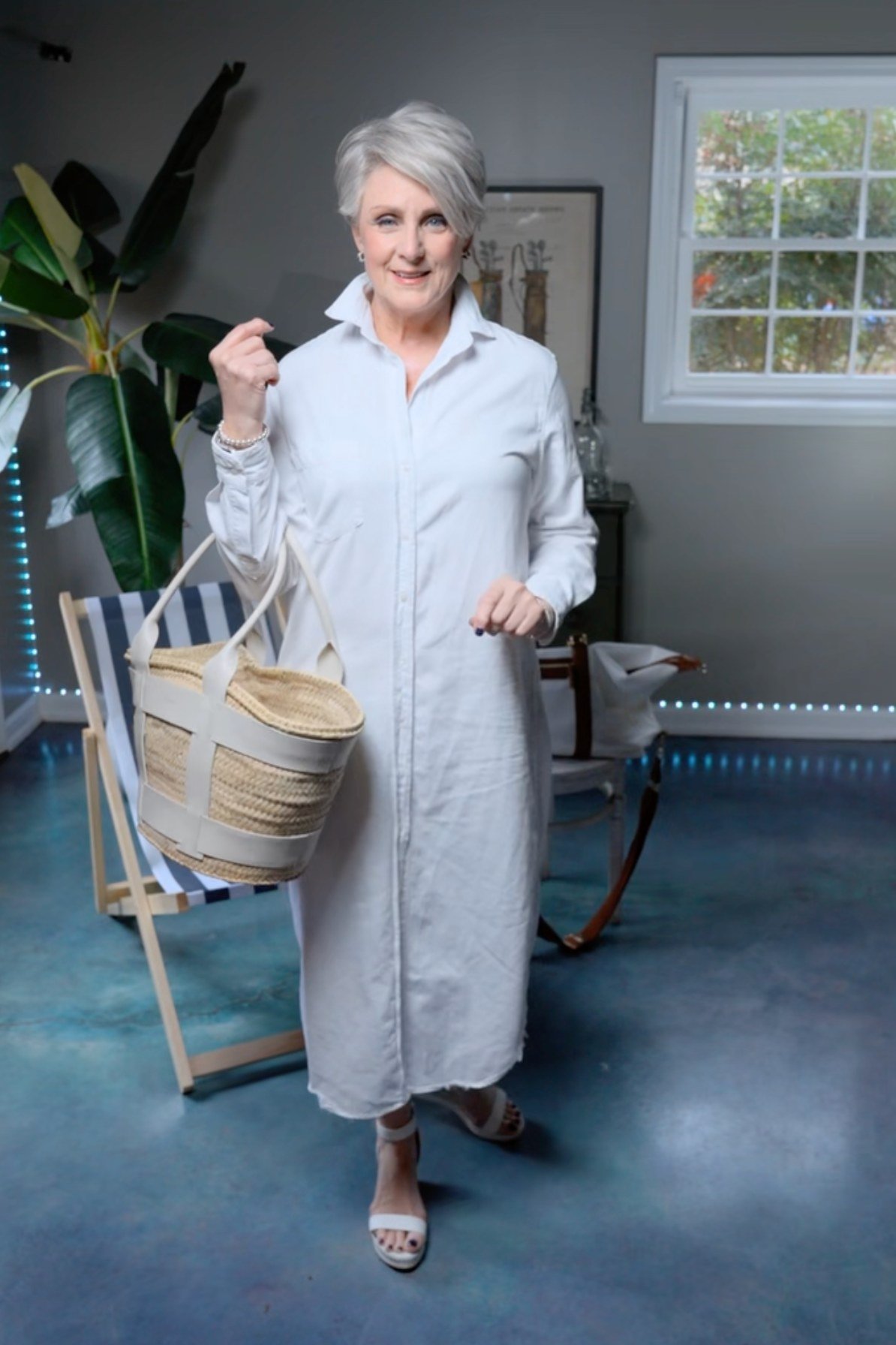 White Shirt Dress and Straw Basket outfit for women over 70, chic style idea 36