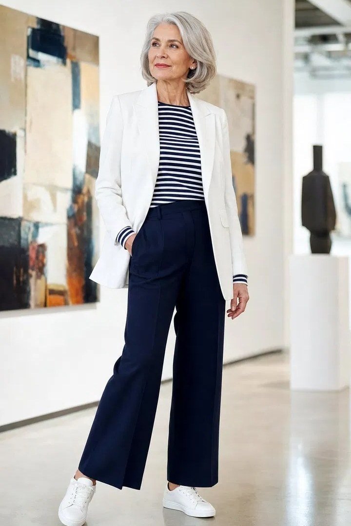 Woman over 50 in a white blazer with a striped top, navy trousers and white sneakers