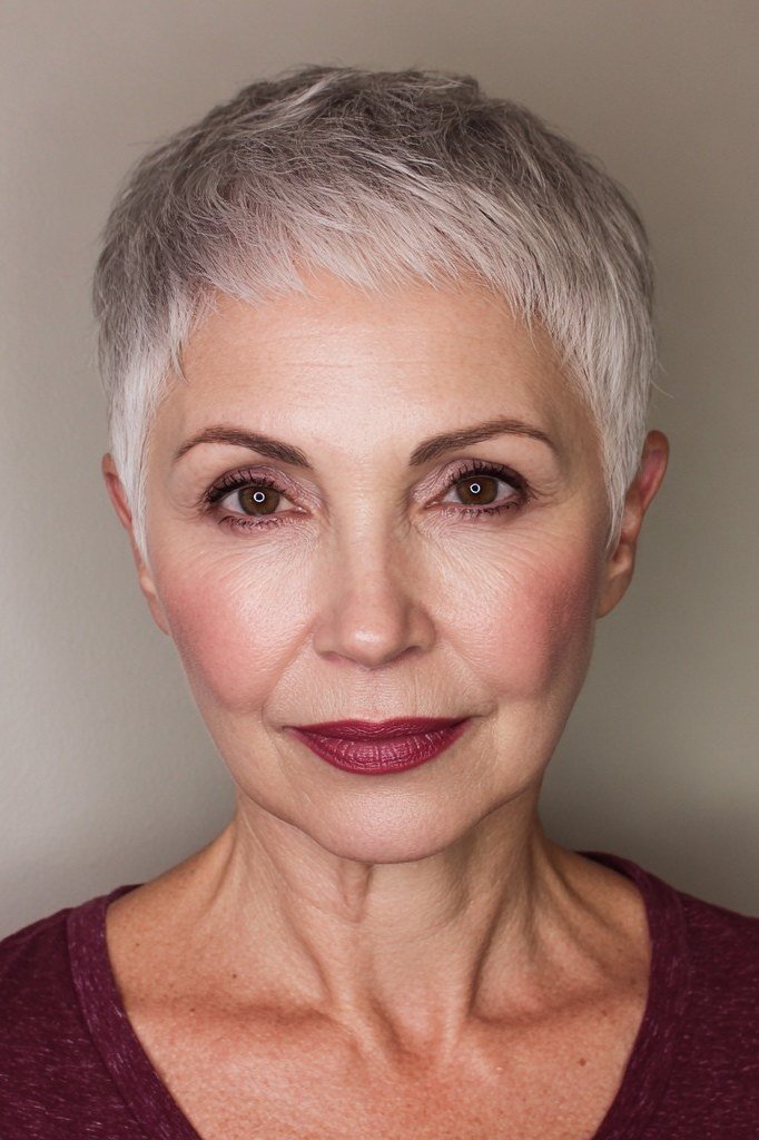 Grey silver pixie haircut for women over 70, front and back views