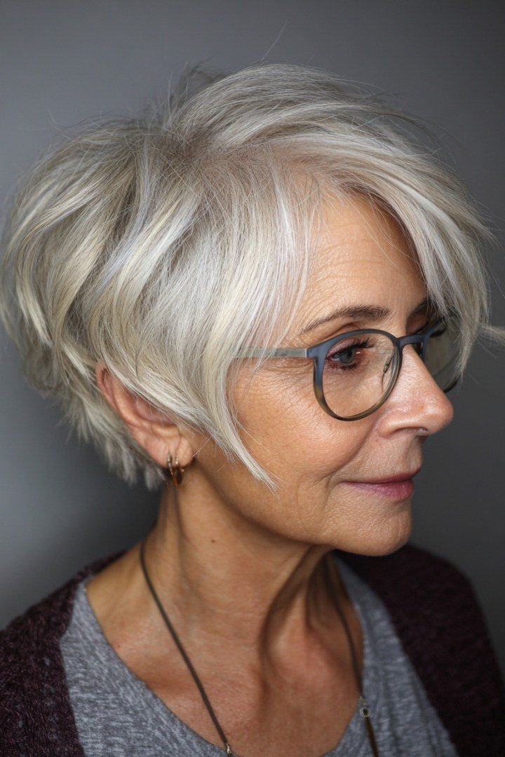 Silver bob with straight bangs and glasses - trendy short haircut for older women with fine hair