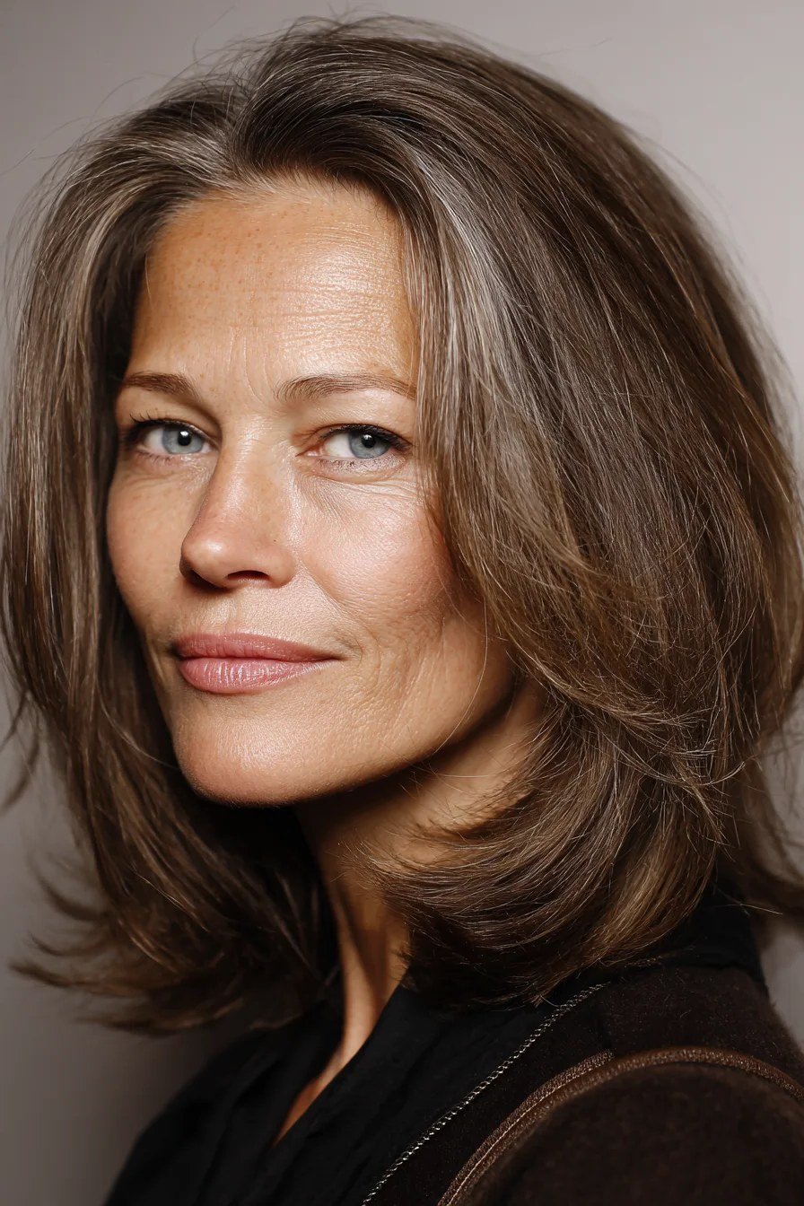 Brown layered lob, front view, woman in her 60s