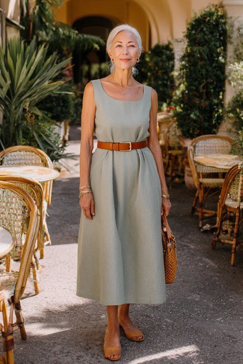 Sage sleeveless midi dress with tan belt and ankle boots for women over 50