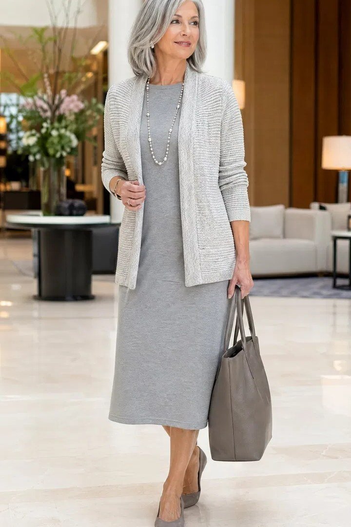 Grey Knit Midi Dress With a Grey Cardigan, smart casual outfit for women over 50