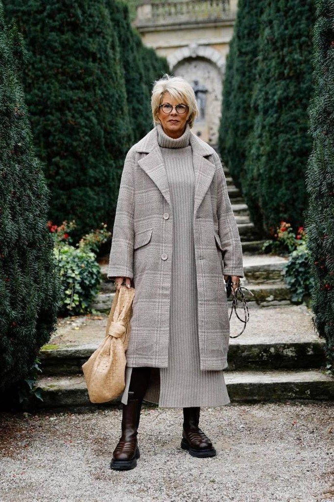gray plaid long church coat over turtleneck church outfit for women over 60