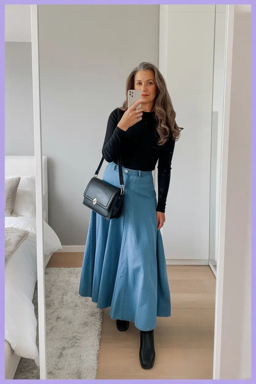 black top and denim midi skirt fall outfit for women over 60
