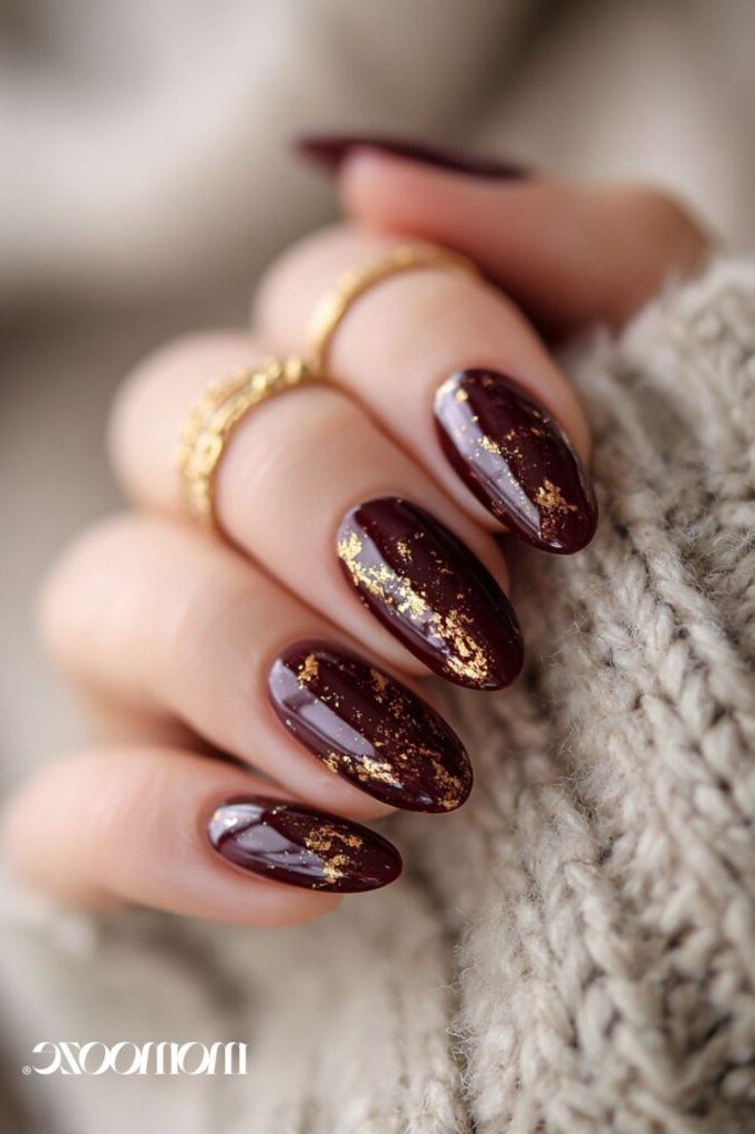 Deep Burgundy Glitter Almond Nails - deep burgundy glitter almond, glitter winter nail design for women over 60