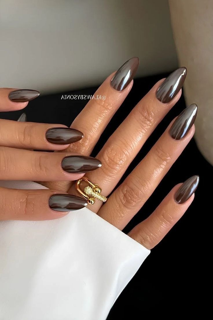 Dark Chocolate Chrome Almond Nails, chocolate brown fall nail design for women over 60