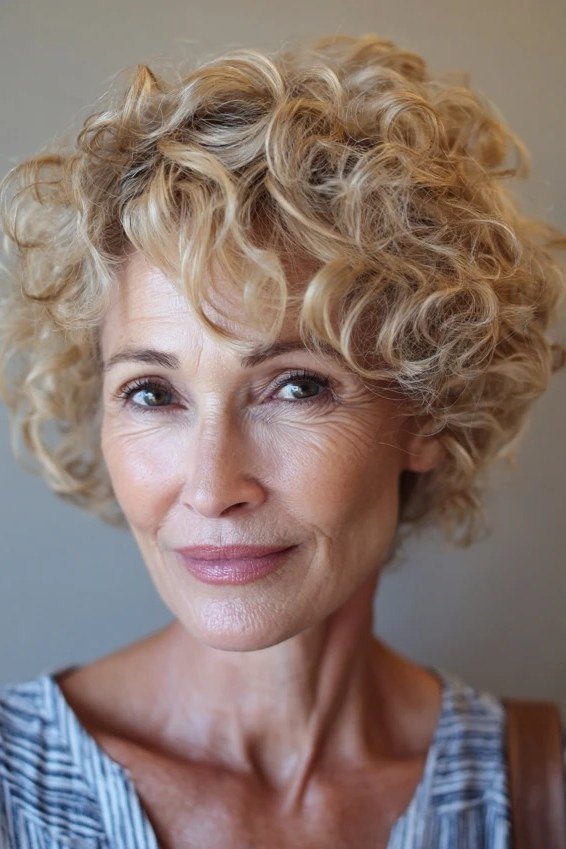 Blonde curly bixie haircut front view for women over 60