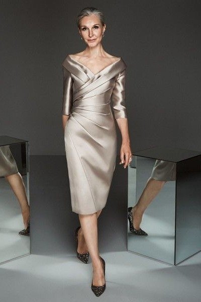 champagne satin draped midi dress, elegant cocktail dress for women over 60