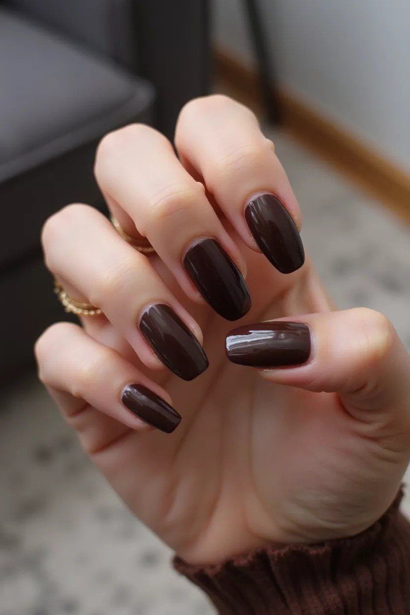 Espresso Brown Short Rounded Nails - old money fall nail color for women over 40