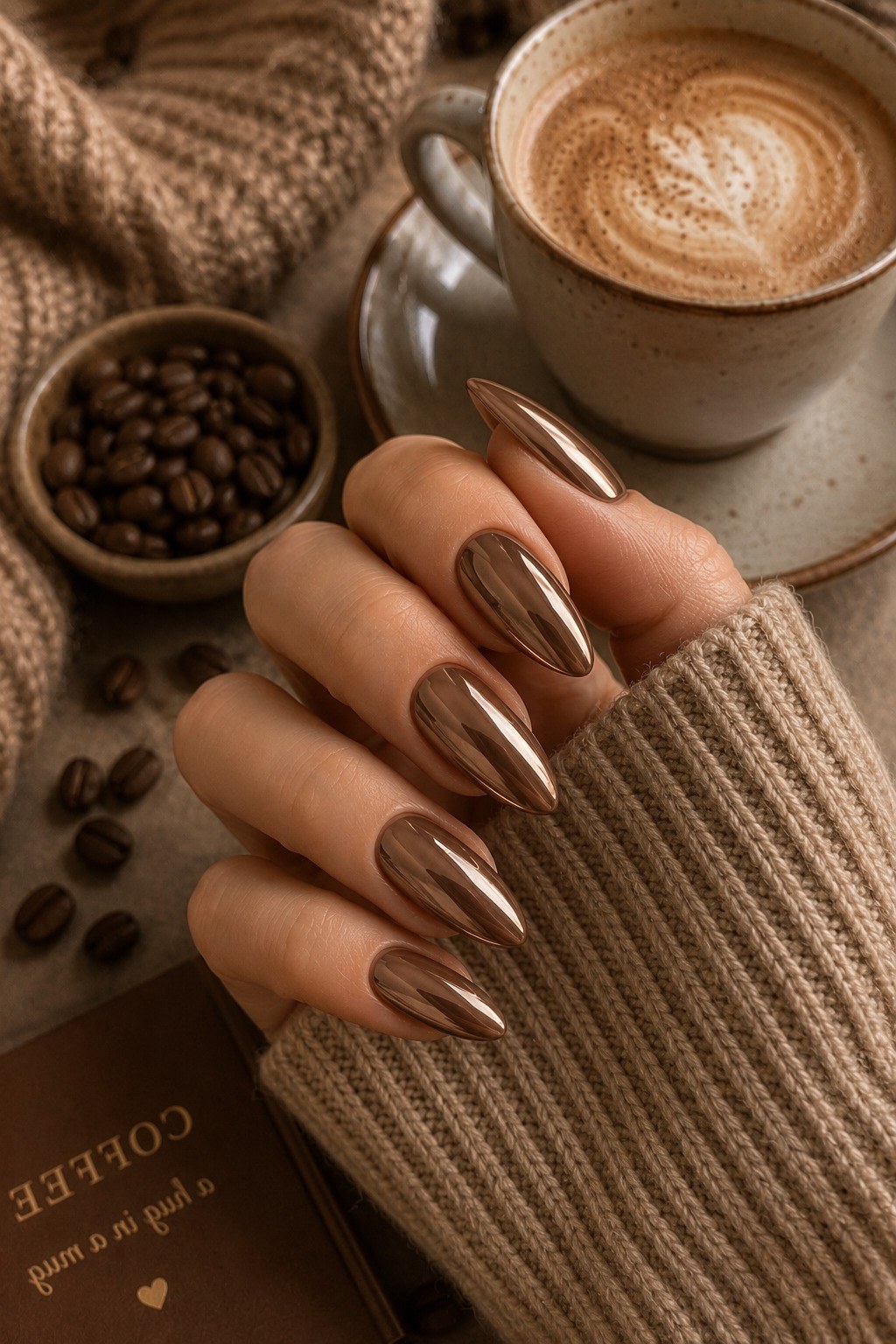 Brown Chrome Almond Nails with Coffee - brown nail idea for women over 50
