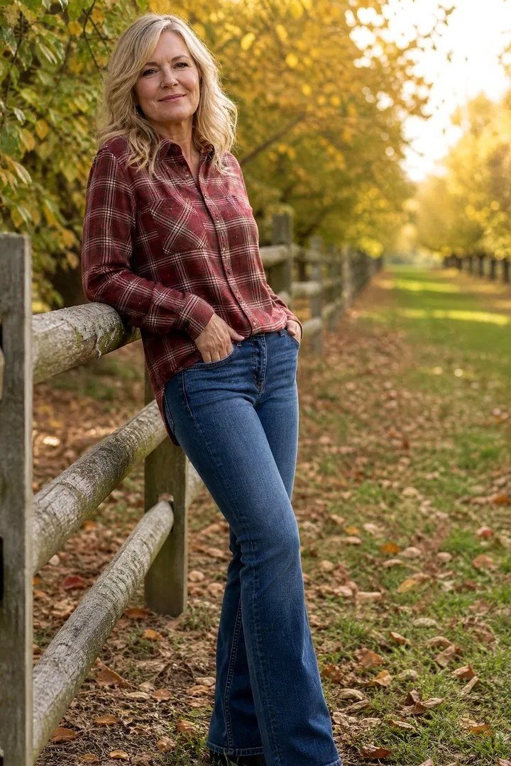 Plaid Flannel Shirt with Dark Jeans - chic casual outfit for women over 50