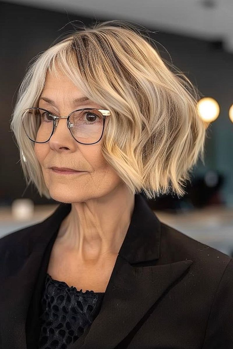 Blonde Wavy Bob with Glasses, medium hairstyle for women over 70
