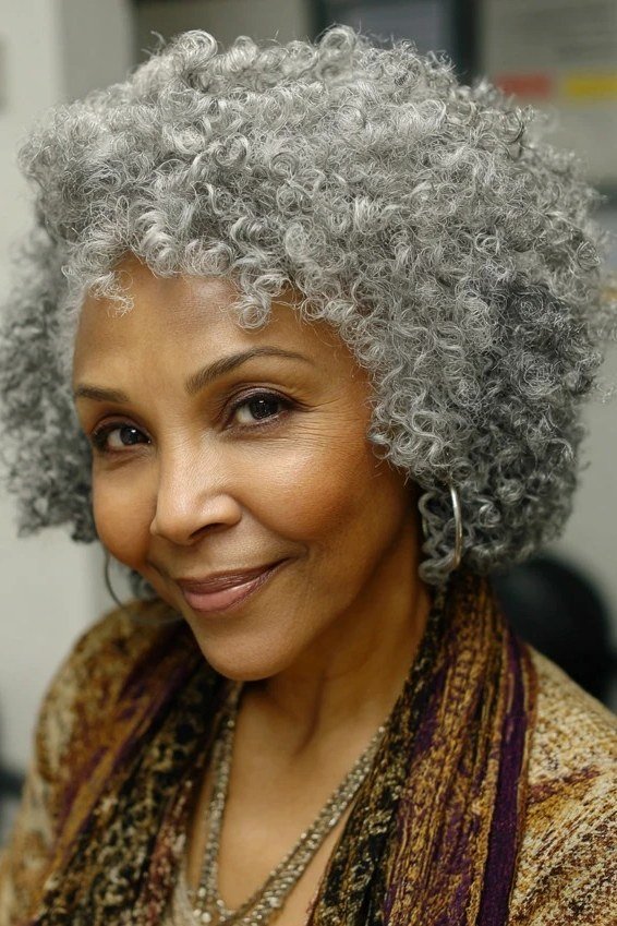 Salt-and-pepper curly bob front view, smiling - curly hairstyle for women over 60