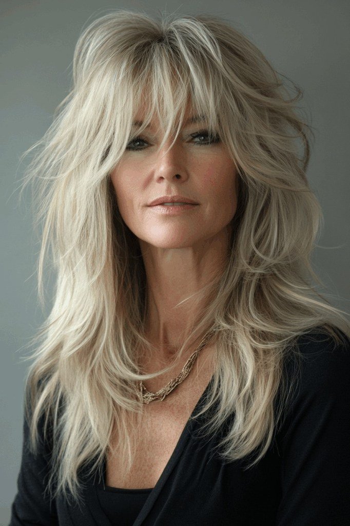 Long blonde feathered layers with bangs for women over 50