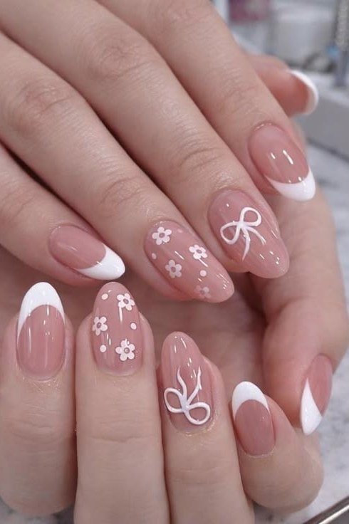 Bow and Blossom Line Art - micro french manicure with ultra-thin tip line, elegant nail design for women over 50