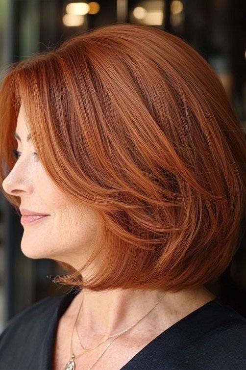 copper-red layered bob, side view — chin-length layered bob hairstyle for women over 50