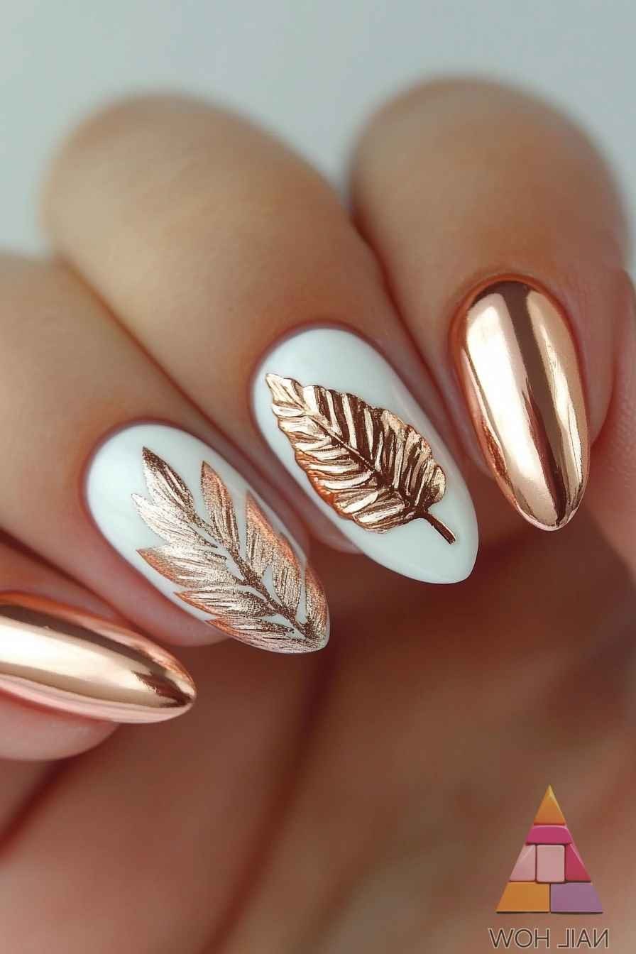 36. White and Copper Chrome Nails With Gold Leaf - Thanksgiving nail art idea for women over 50