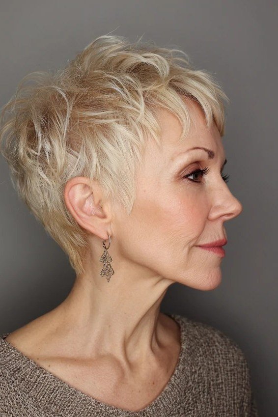 Choppy Blonde Pixie, Side Profile - bold edgy pixie haircut for women over 50