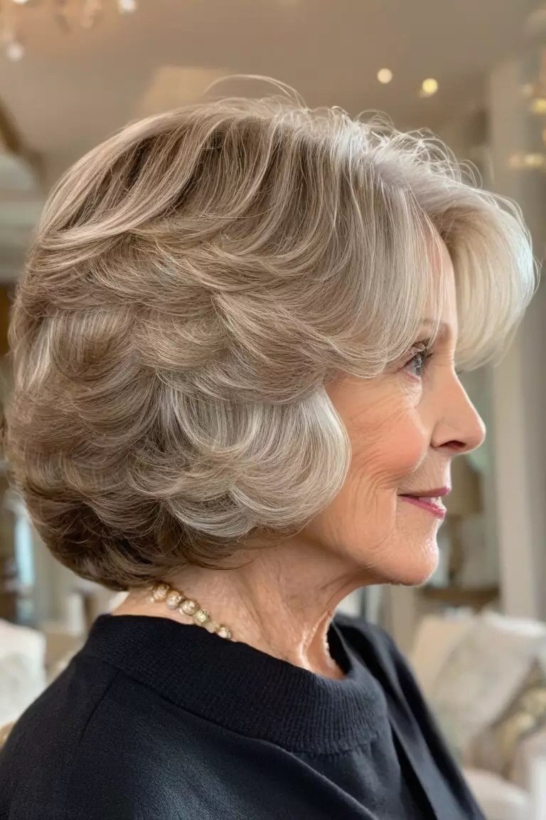 Blonde feathered bob with flipped-out layers in profile for women over 60