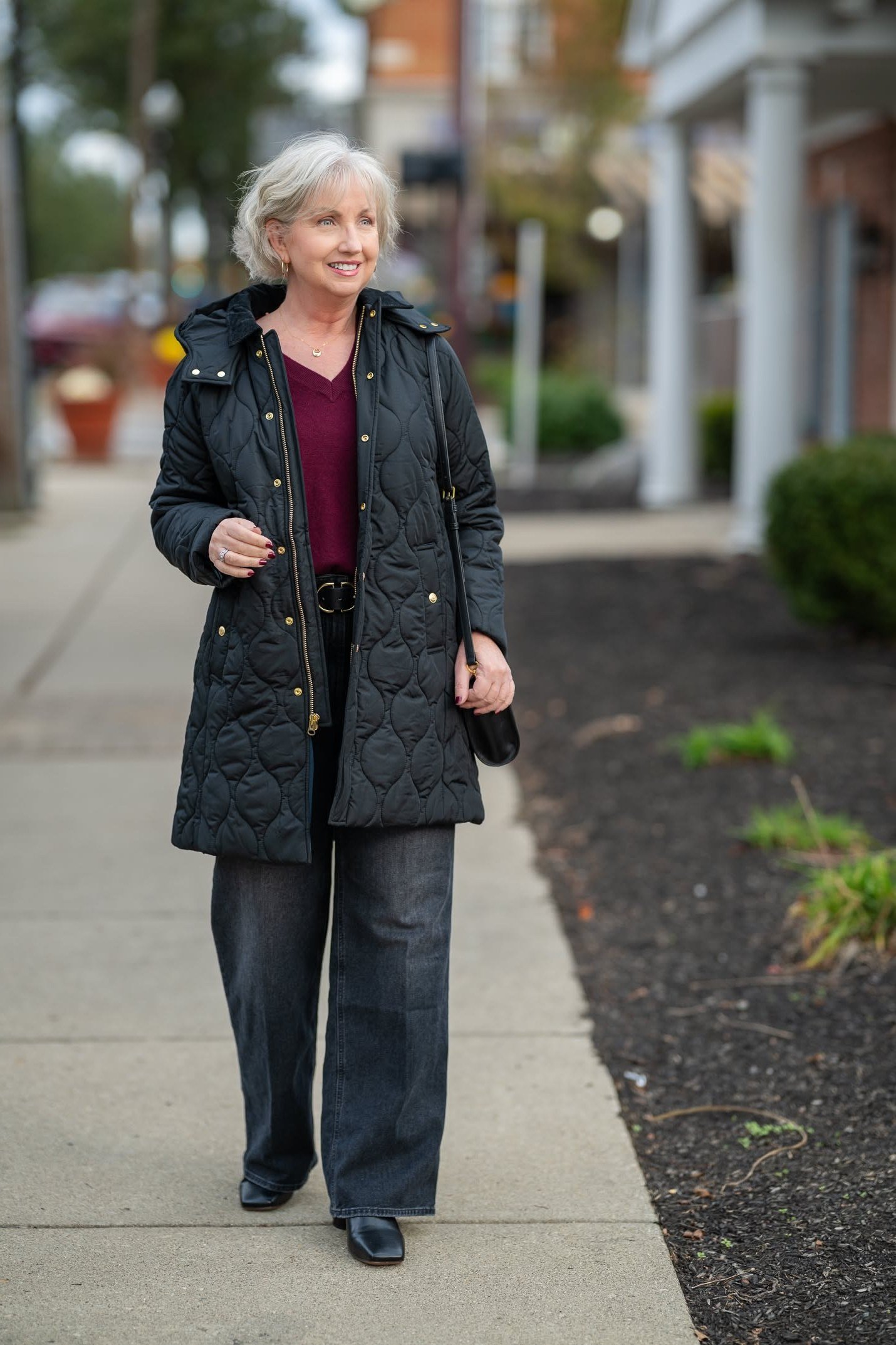 Black quilted jacket outfit for women over 60