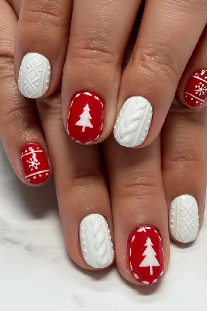 Red and White Knit Nails with Tree Art, fun winter nail idea for women over 60