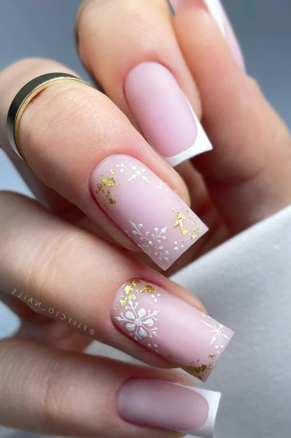 White Pink French with Gold Glitter Tips, understated glam nail color for women over 60