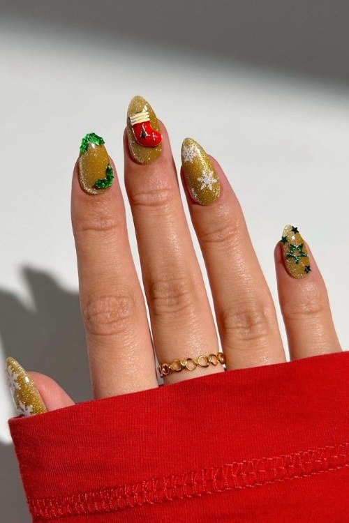 White nails with Christmas ornament art - classy Christmas nail idea for women over 70