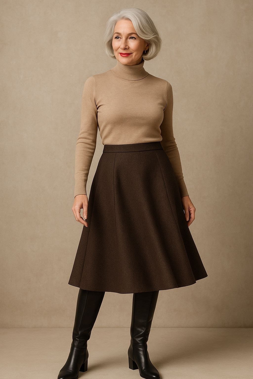 older woman in camel turtleneck with brown flared midi skirt and black boots