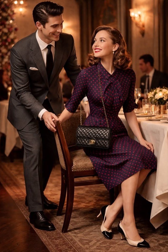 Woman in purple patterned dress at candlelit restaurant table