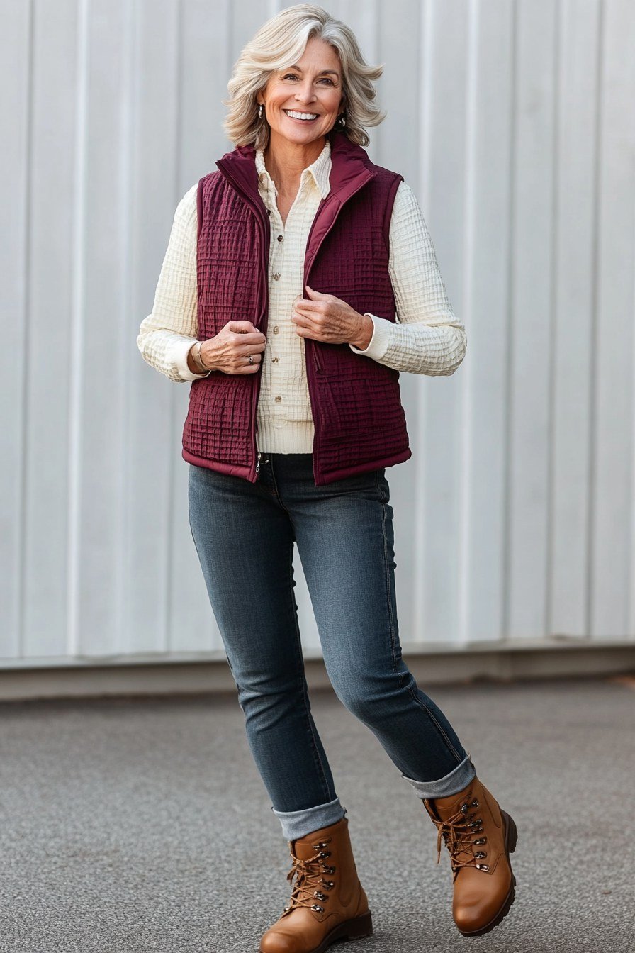 Burgundy Quilted Vest with Skinny Jeans - fall outfit for women over 40