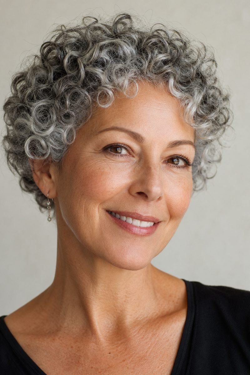 Shiny gray curly bob haircut for women over 60