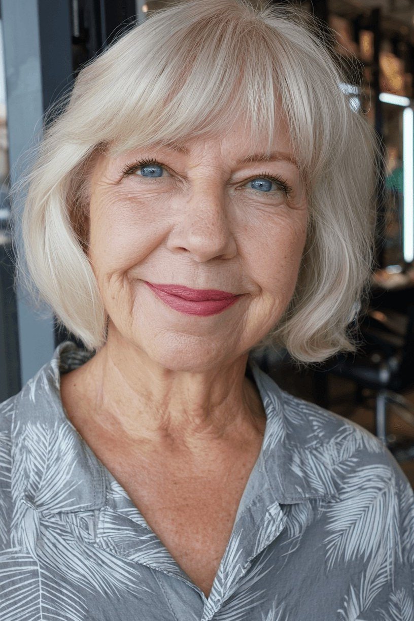 33. White Bob with Wispy Bangs - wash and wear hairstyle for older women