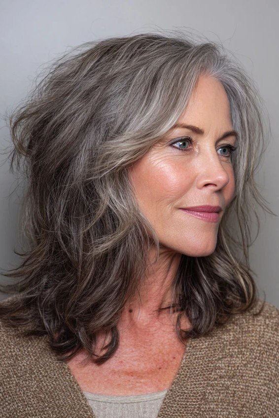 Dimensional grey-brown wavy layered medium-length hairstyle, side view, for women over 50