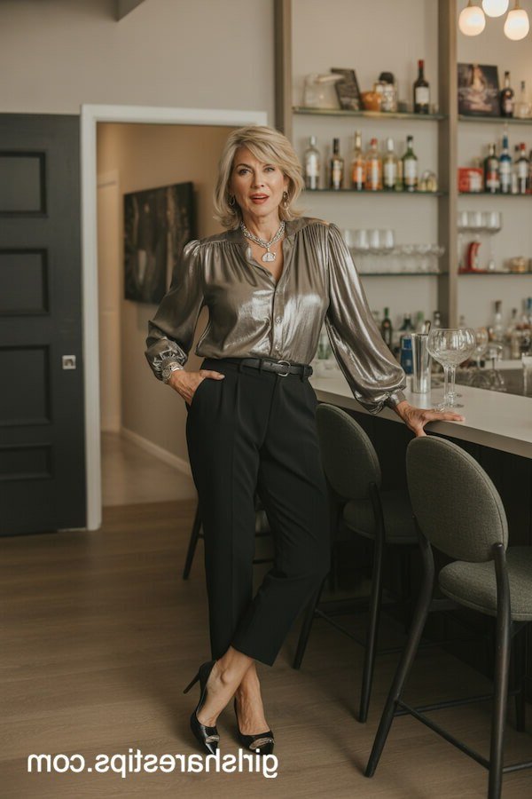 Gold satin blouse, black tailored trousers, home bar, chic night out outfit for women over 50
