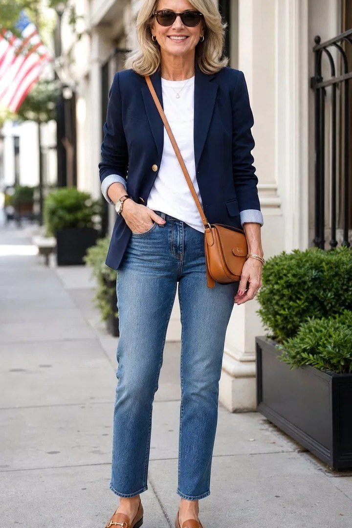 Navy Blazer with a White Tee and Jeans, classy outfit for women over 60