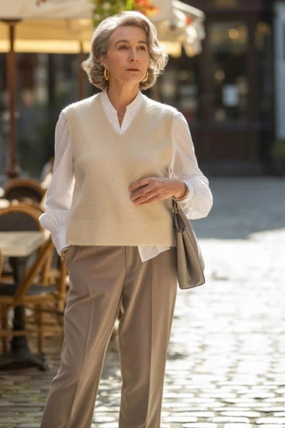 Cream knit sweater vest over white shirt with tan trousers outdoors, cozy sweater outfit idea for women over 70