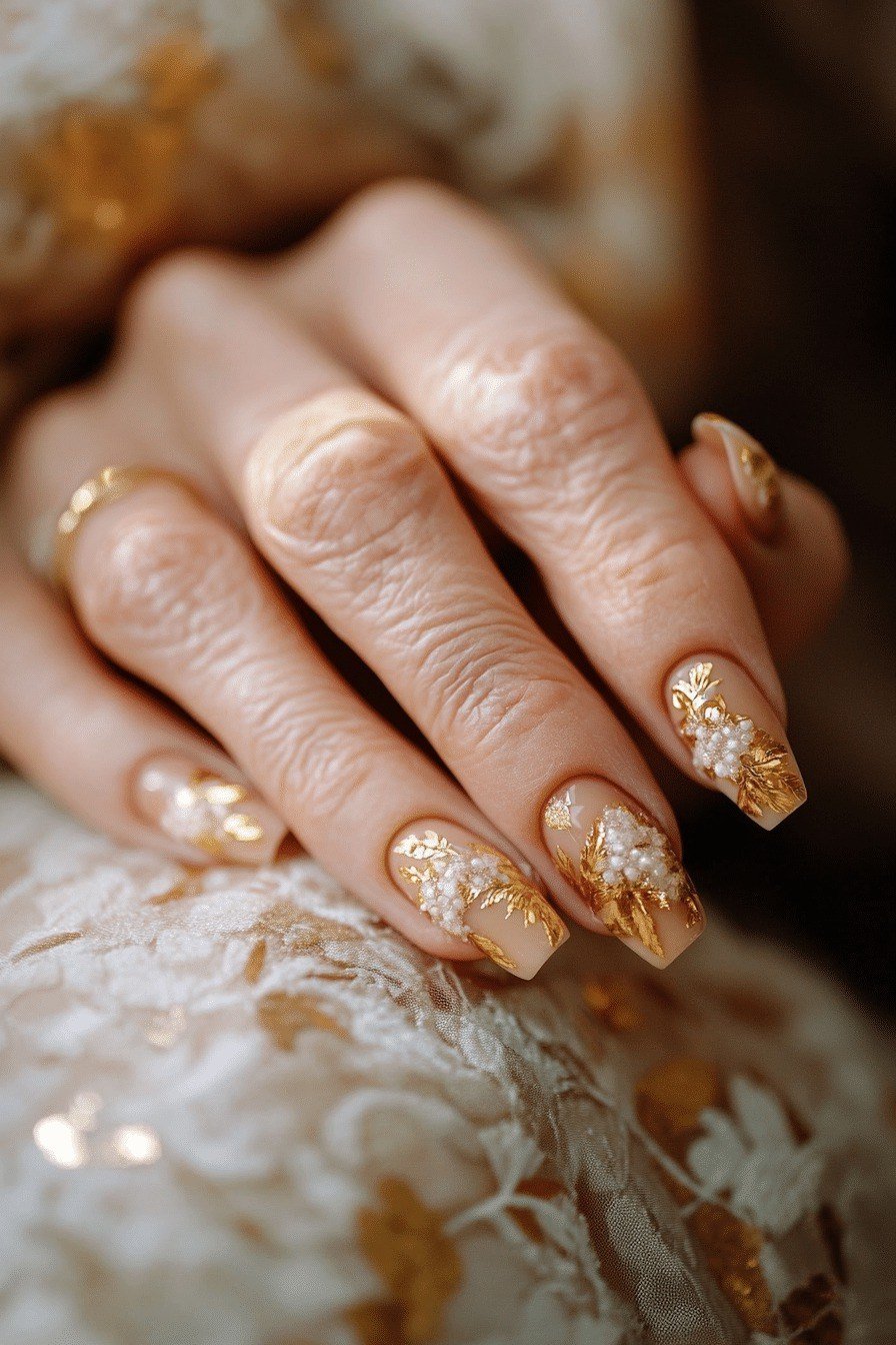 Gold glitter ombre nails on aged hands