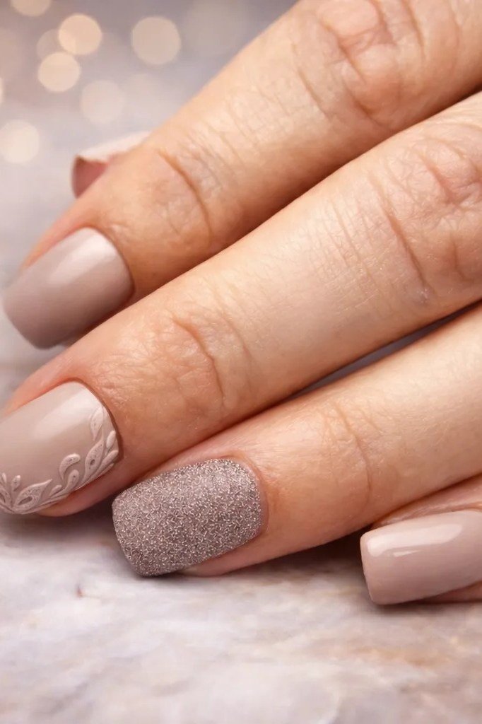 taupe nails with glitter and gold leaf art
