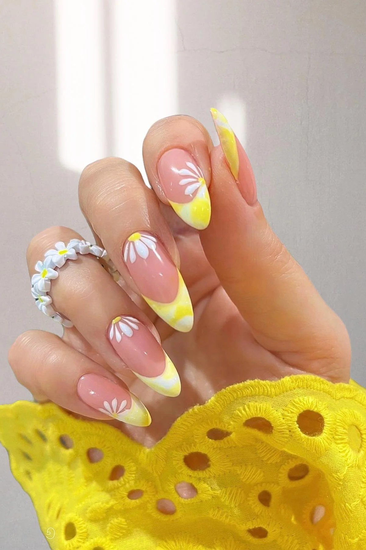 Yellow French with Daisy Art nail design for women over 40