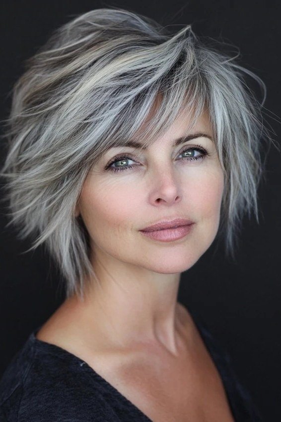 Silver choppy bob with side bangs for women over 60, front view