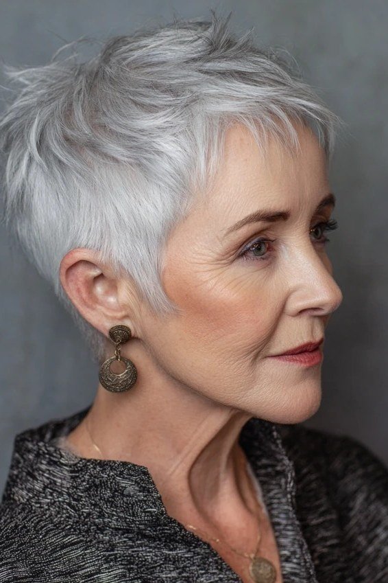 Textured spiky pixie haircut for women over 60