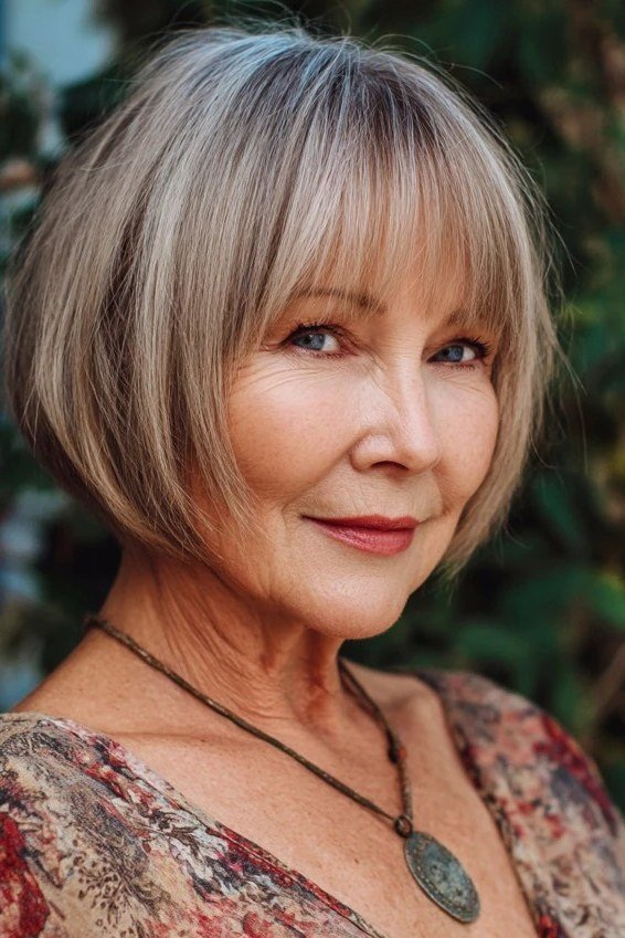 silver bob with bangs, front view for women over 50