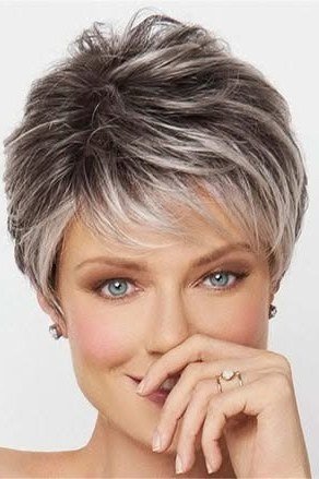Grey layered pixie, textured crown, front view for women over 60
