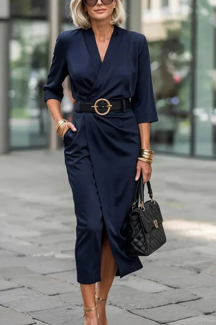 navy wrap dress with belt in the city for women over 60