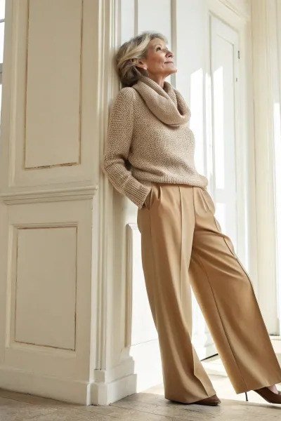 camel turtleneck with camel wide trousers for women over 50