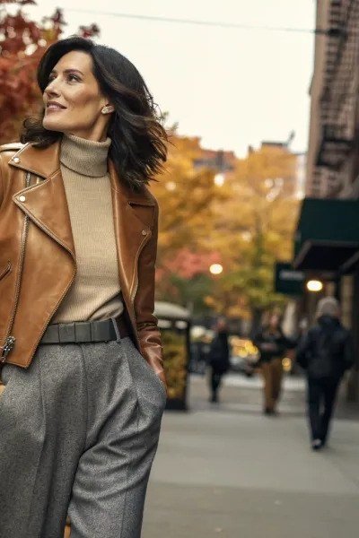 Tan moto jacket with grey trousers fall outfit idea for women over 60