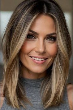 Brown long layered hair, front view, smiling - wispy hairstyle for women over 40