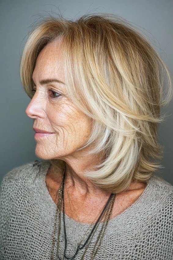 Elegant Blonde Layered Lob, layered hairstyle for women over 70