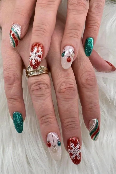Red/green/white Christmas mix, mature hands - Christmas nail design for older women